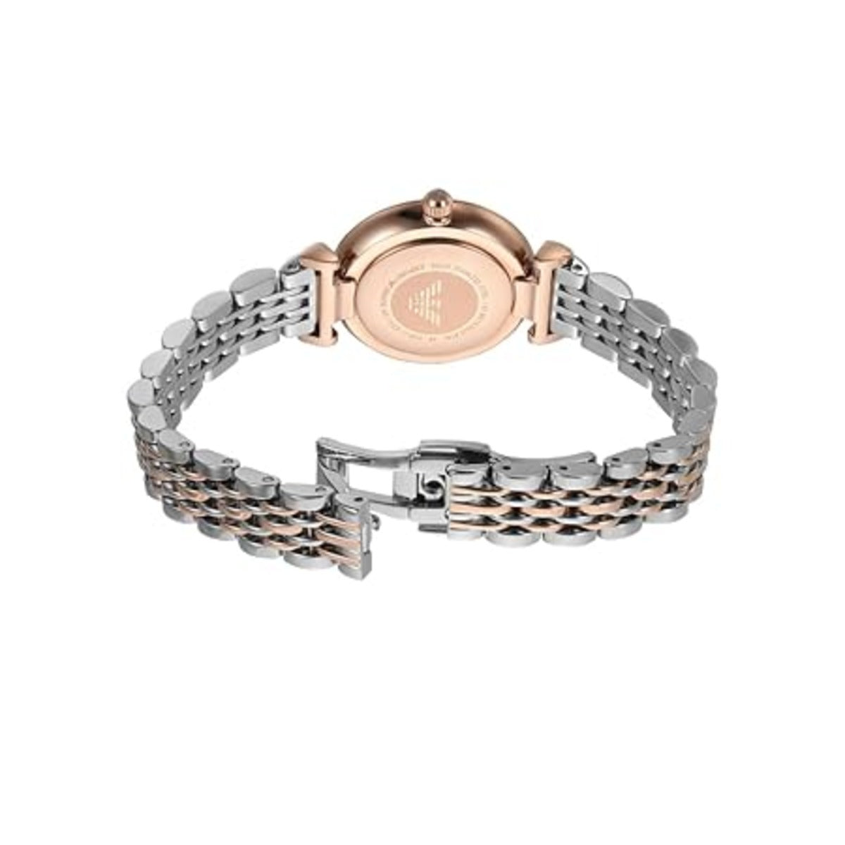 Two-tone watch with rose gold and silver bracelet on a white background