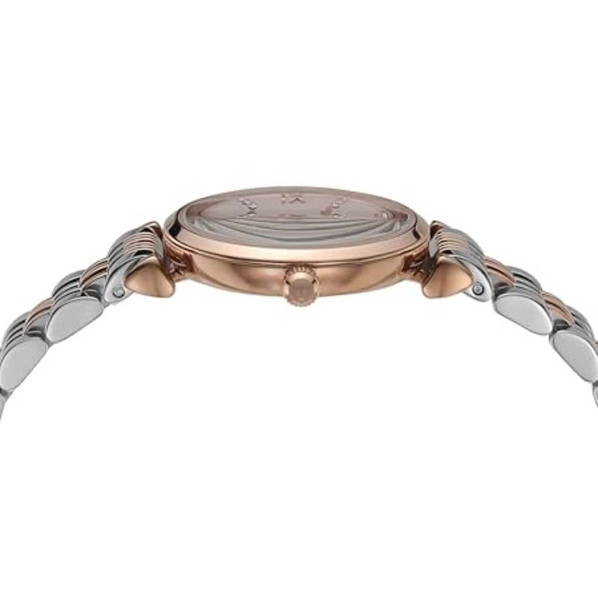 Close-up of a watch with a rose gold and silver band on a white background