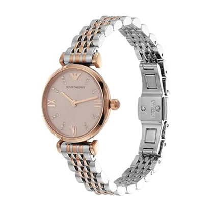 Two-tone watch with rose gold and silver band on a white background