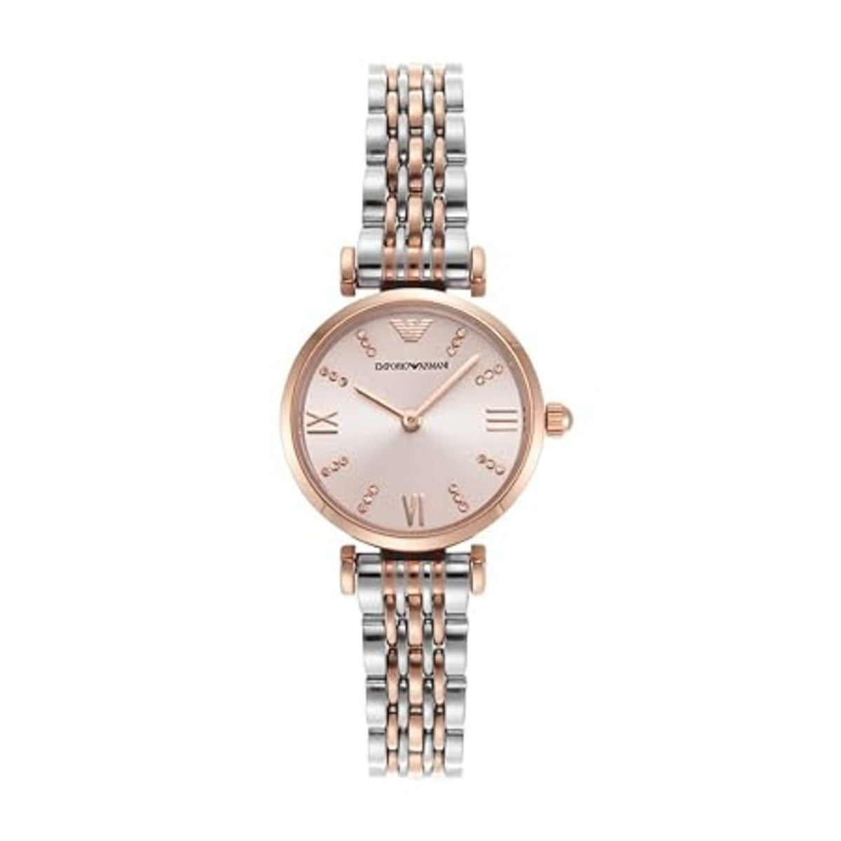 Two-tone watch with silver and rose gold band on a white background
