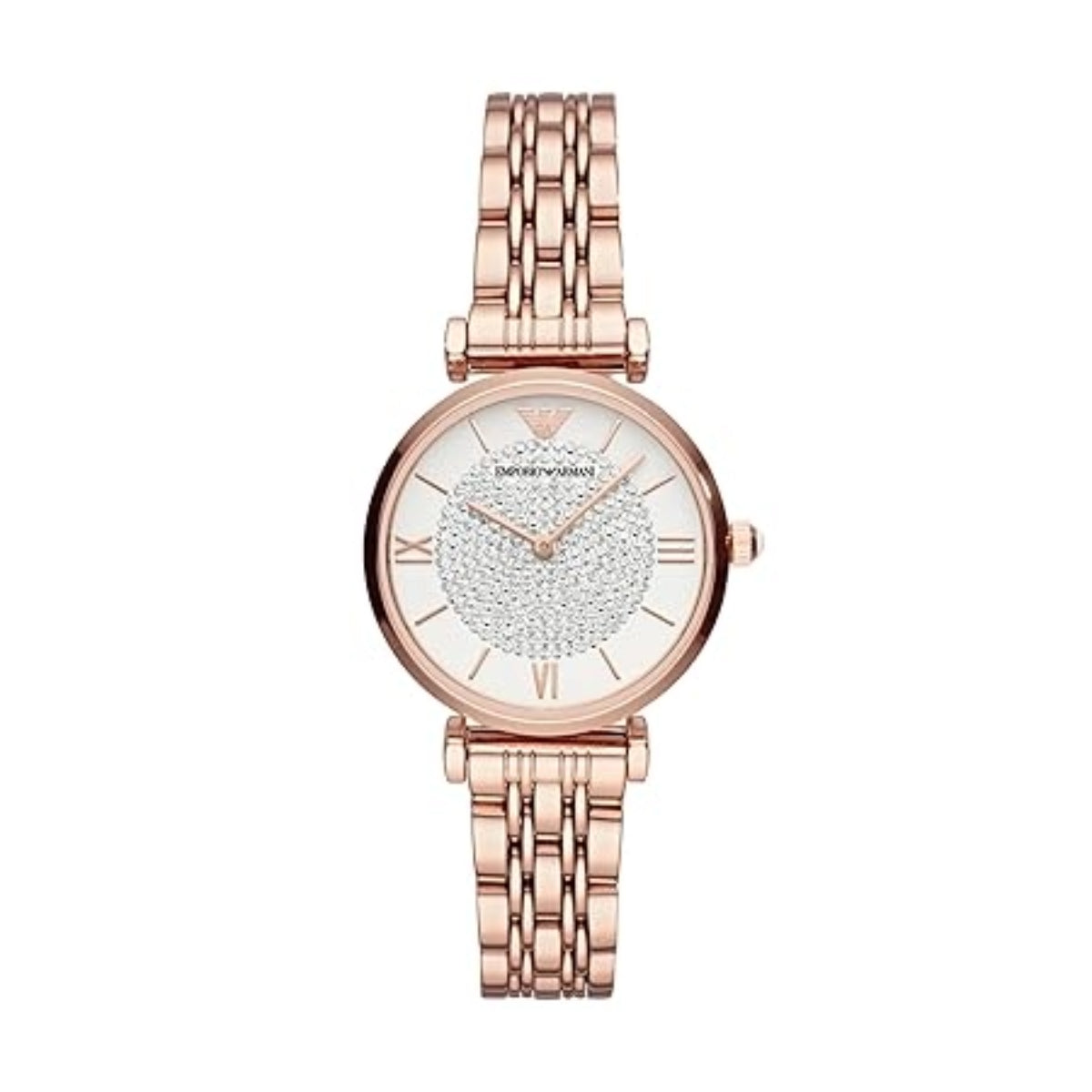Rose gold watch with a white face on a white background
