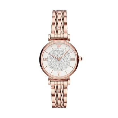 Rose gold watch with a white face on a white background