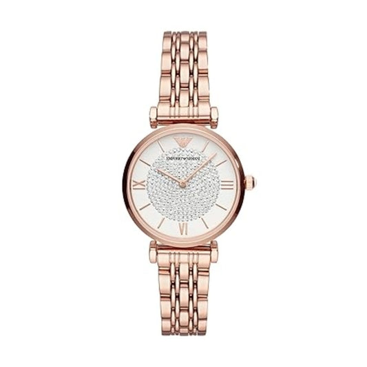 Rose gold watch with a white face on a white background