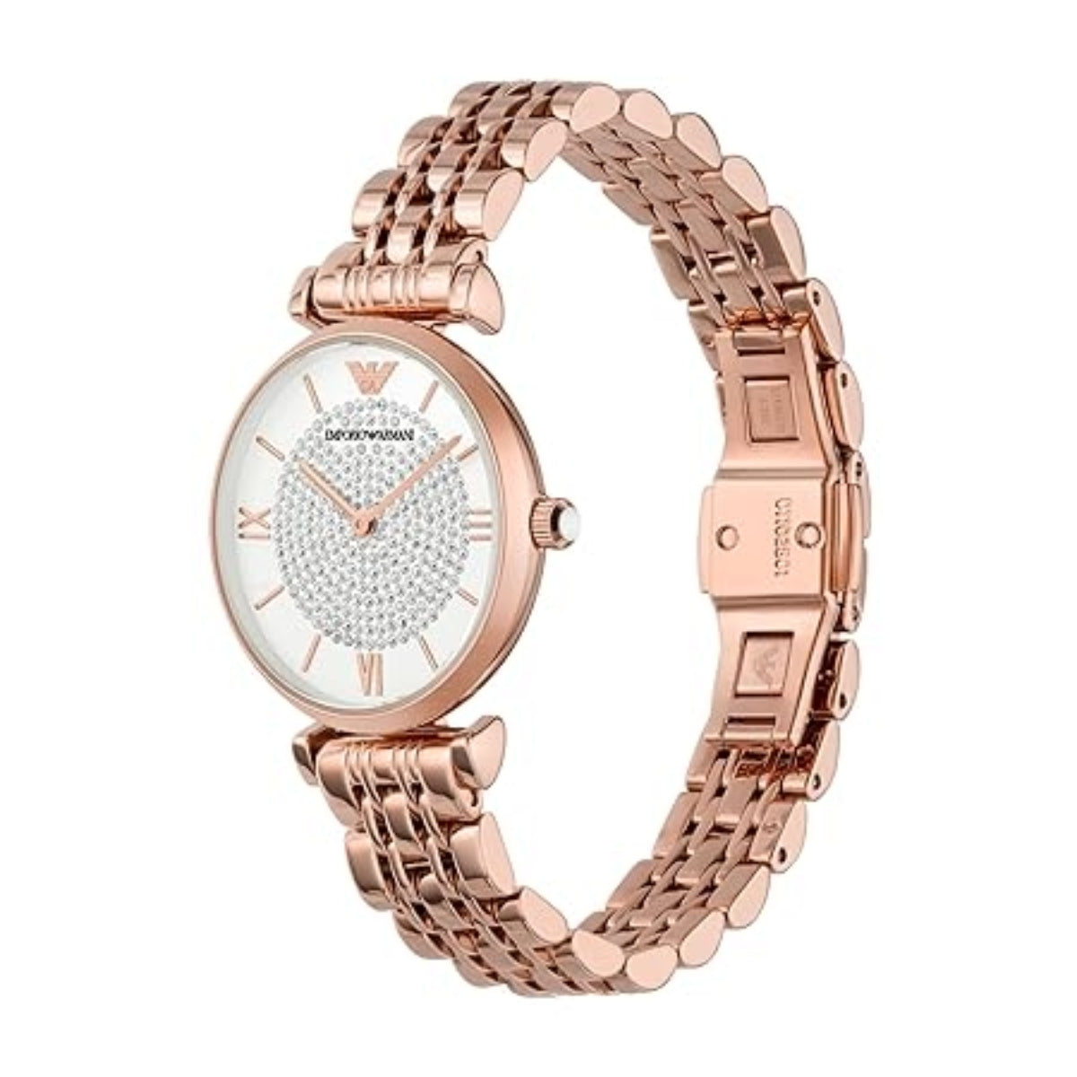 Rose gold watch with a chain strap on a white background