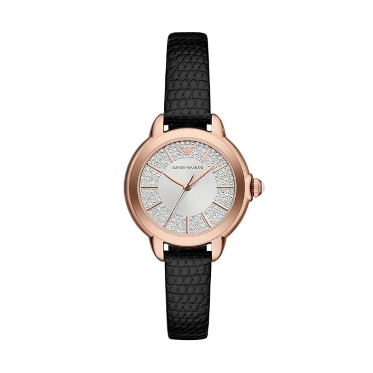Watch with black strap and rose gold case on a white background