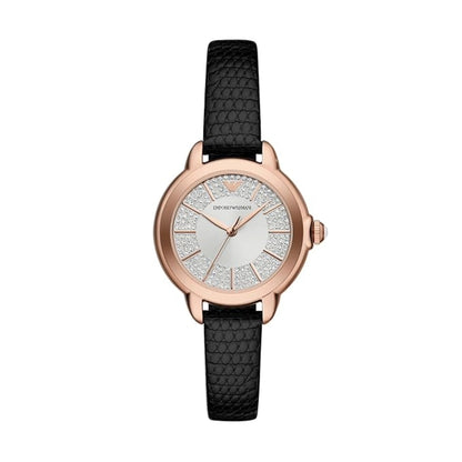 Watch with black strap and rose gold case on a white background
