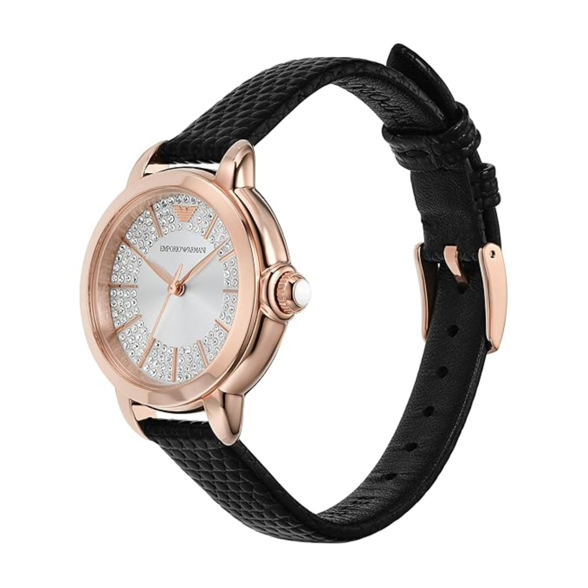 Watch with black strap and rose gold case on white background