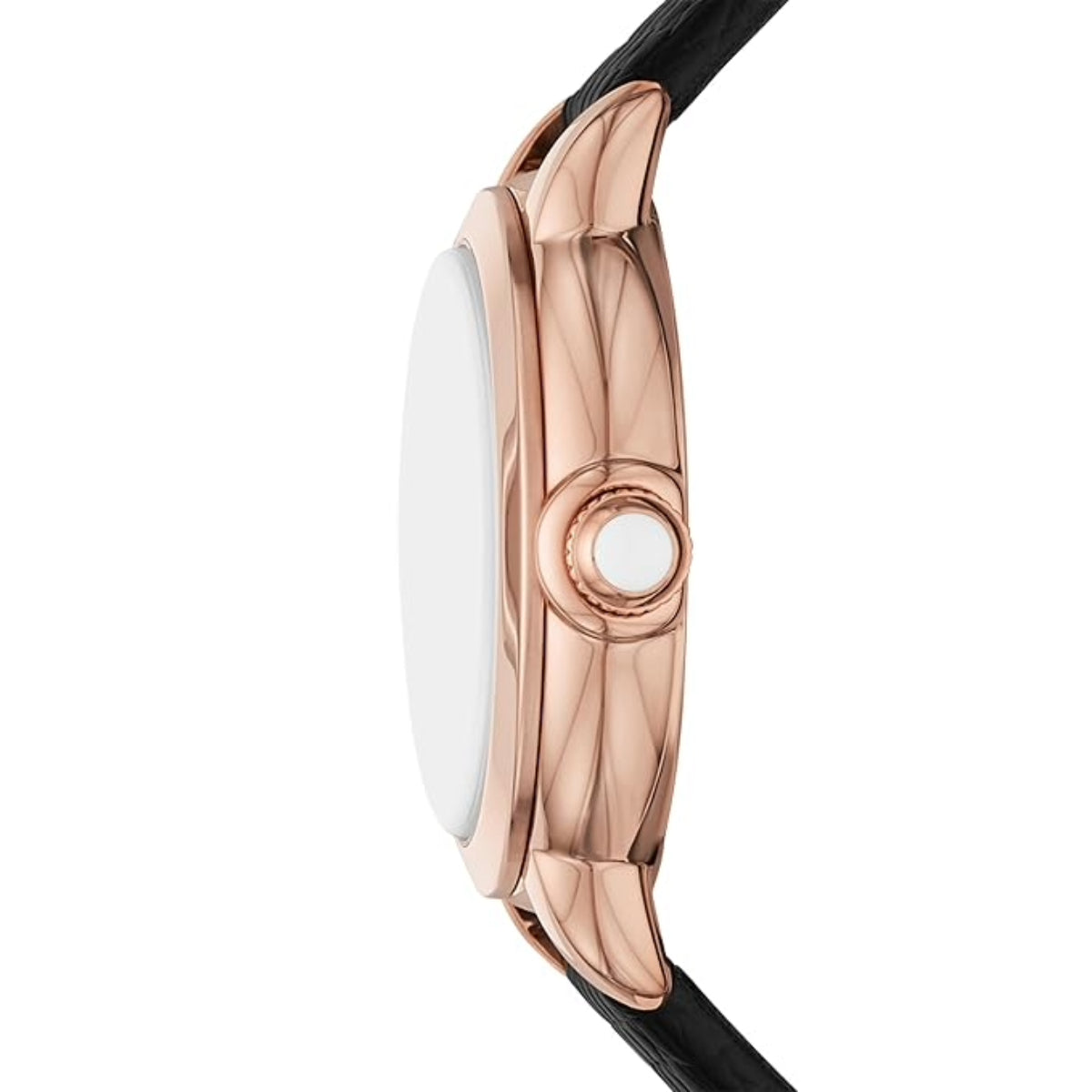 Rose gold watch with a white face on a white background