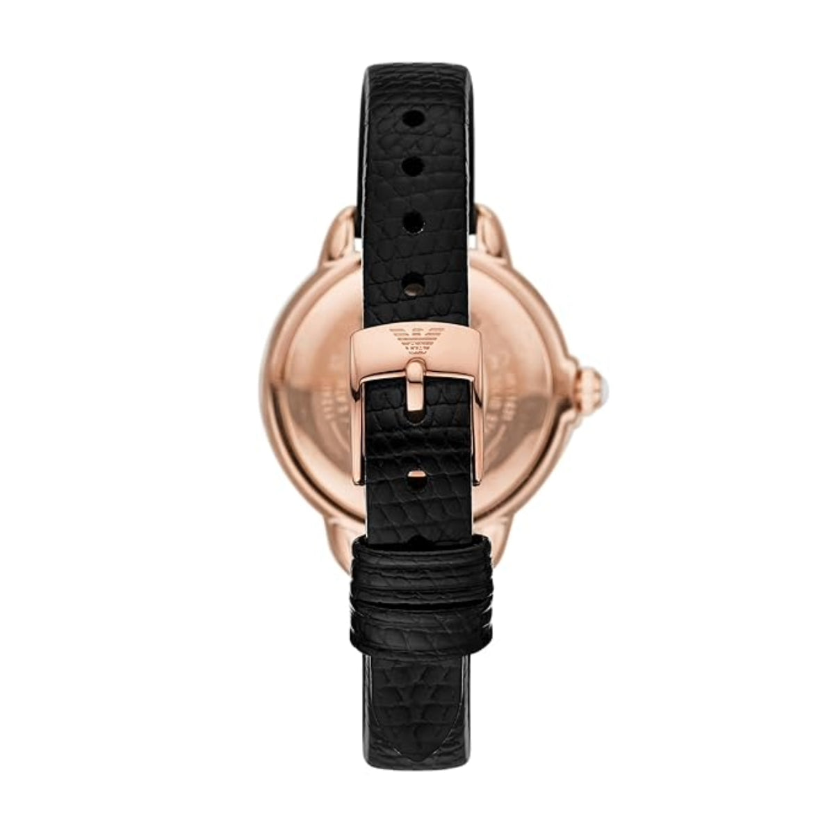 Black watch strap with rose gold clasp on a white background