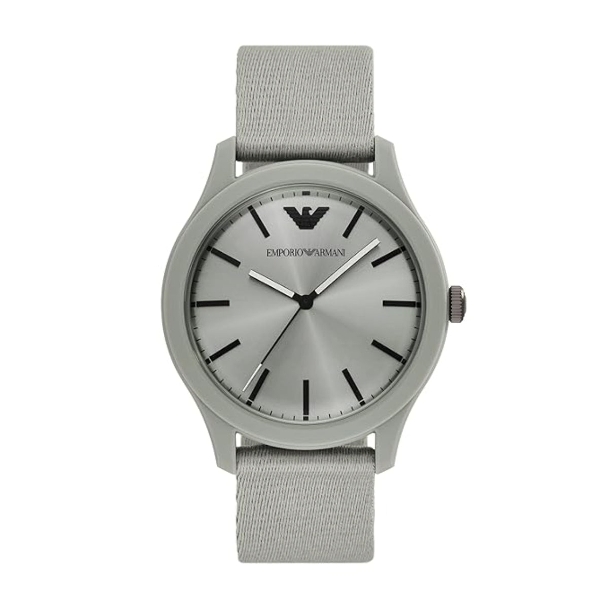 Gray Emporio Armani watch with a silver face on a white background