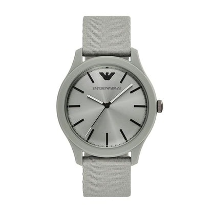Gray Emporio Armani watch with a silver face on a white background