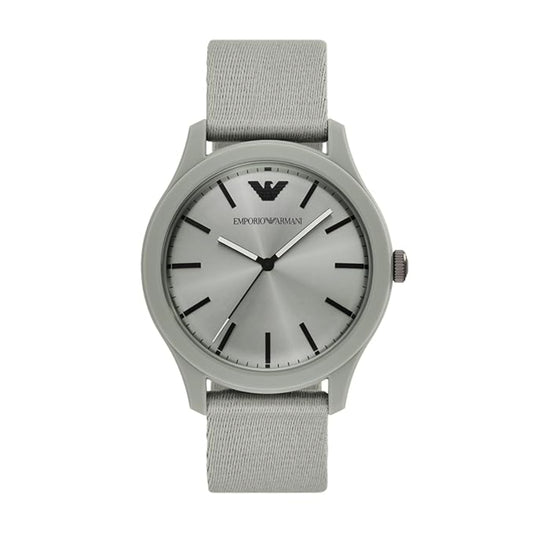 Gray Emporio Armani watch with a silver face on a white background