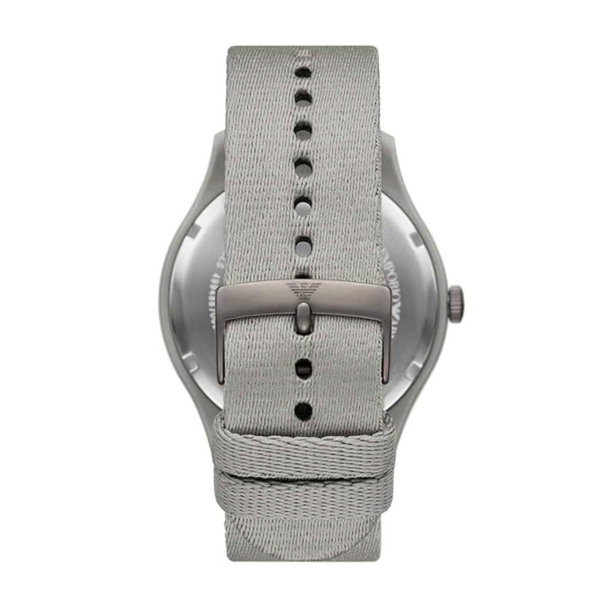 Gray watch with a textured strap on a white background