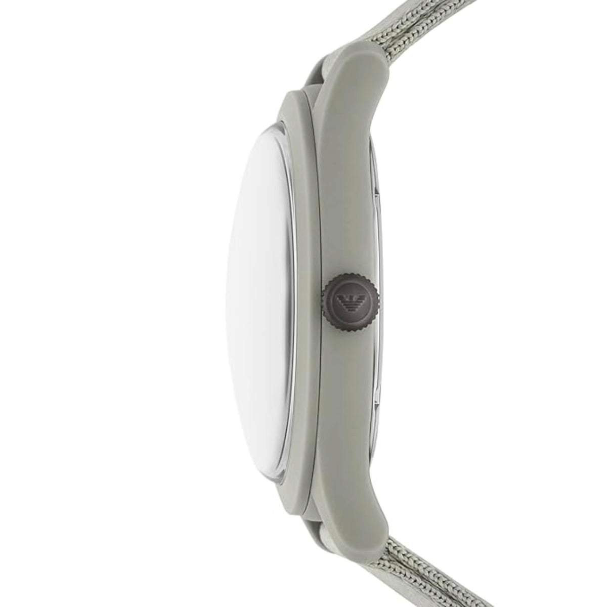 Close-up of a watch with a white face and gray strap on a white background