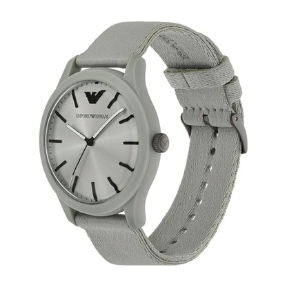 Gray Emporio Armani watch with a matching strap on a white background