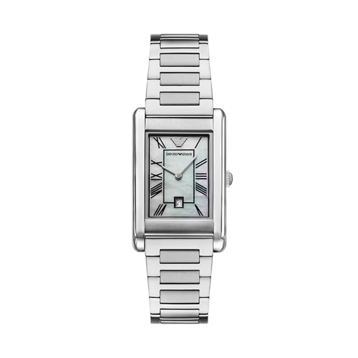 Silver watch with rectangular face on a white background