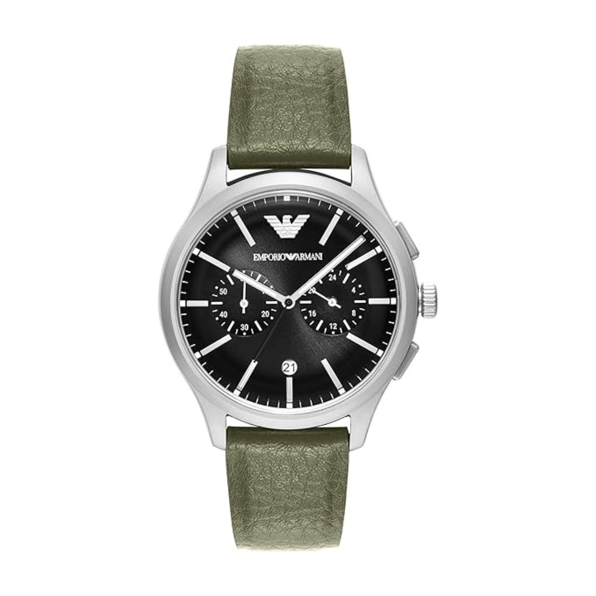 Watch with green strap and black face on a white background