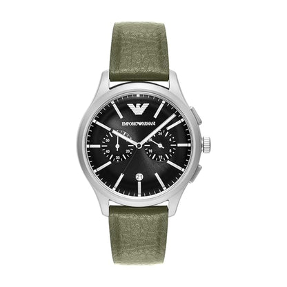 Watch with green strap and black face on a white background