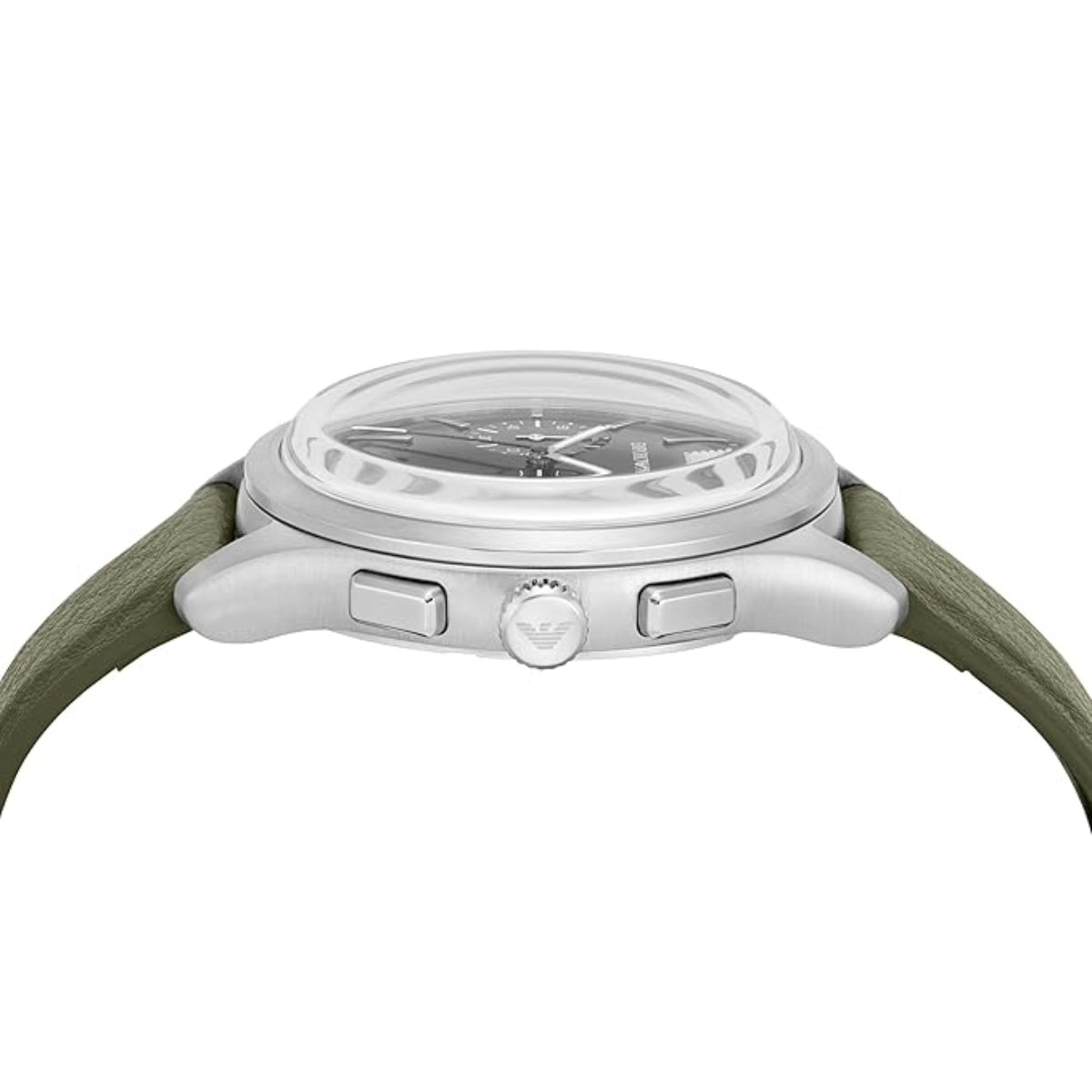 Close-up of a watch with a silver case and green strap on a white background
