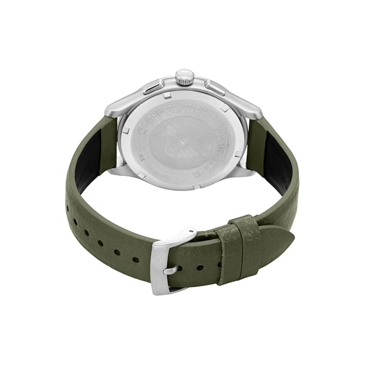 Watch with a green strap and silver case on a white background
