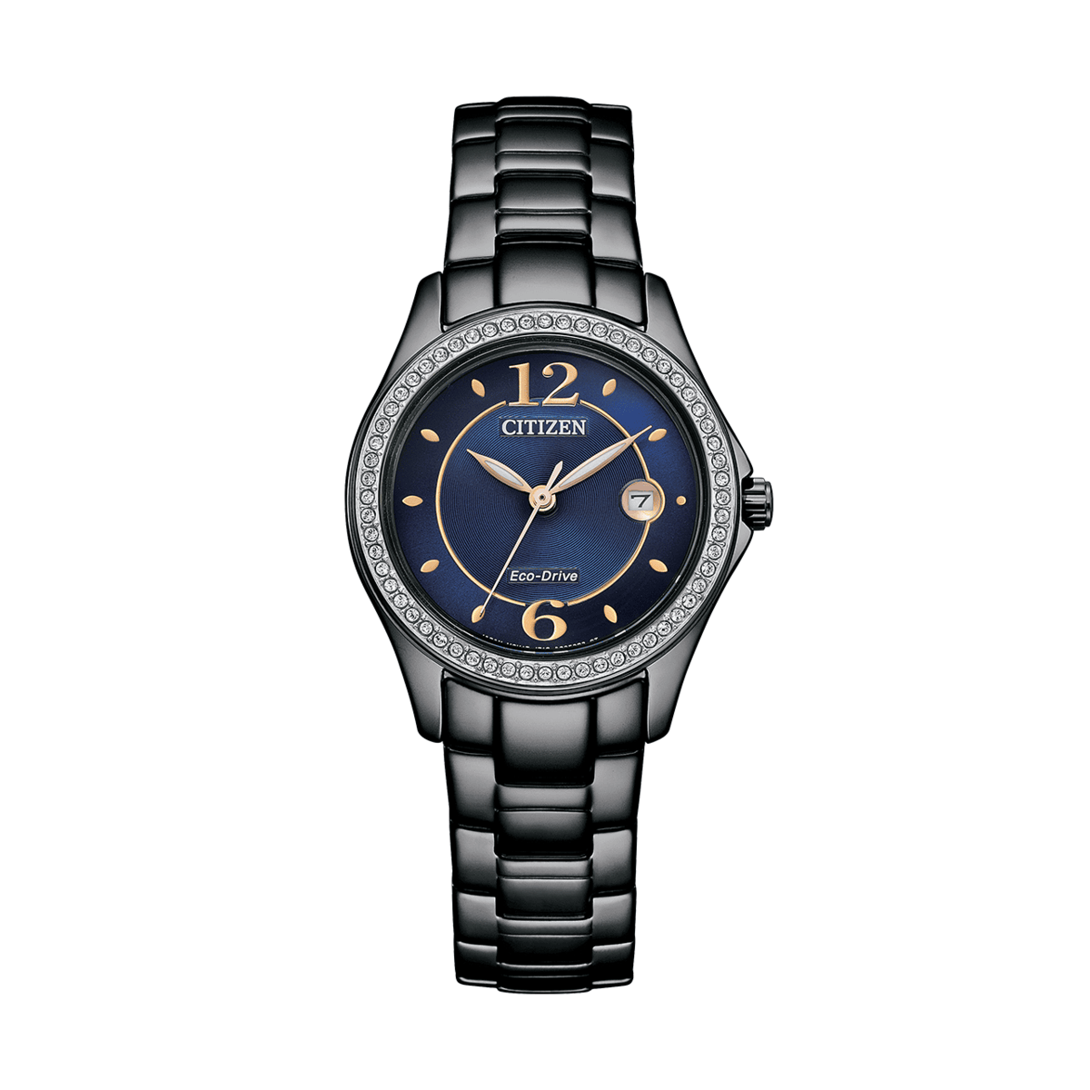 Citizen watch with blue dial and black bracelet on a white background