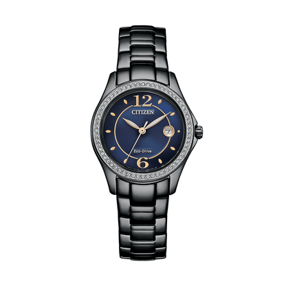 Citizen watch with blue dial and black bracelet on a white background