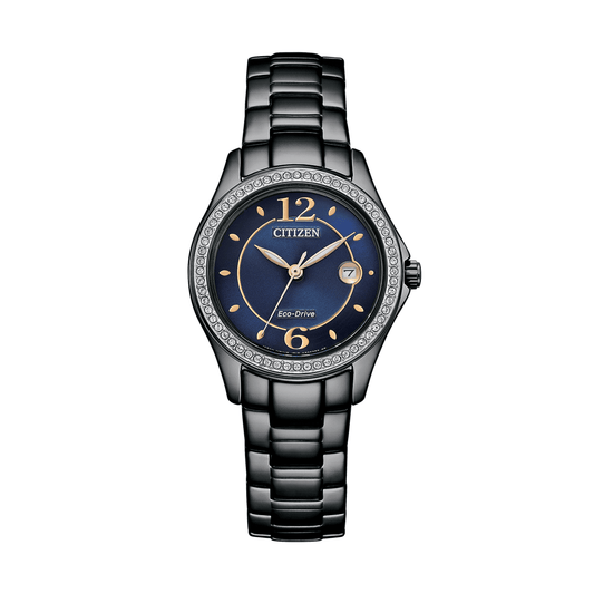 Citizen watch with blue dial and black bracelet on a white background