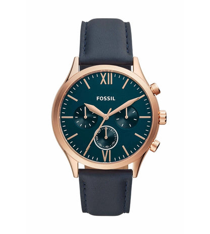 Fossil BQ2412 men’s watch with blue satin dial, rose gold stainless steel case, navy leather strap