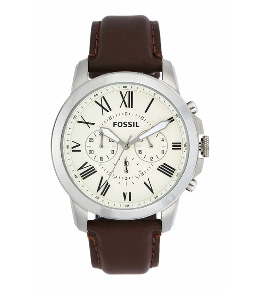 A Fossil Grant Chronograph analog watch for men with a cream dial, brown leather strap, and silver stainless steel case.