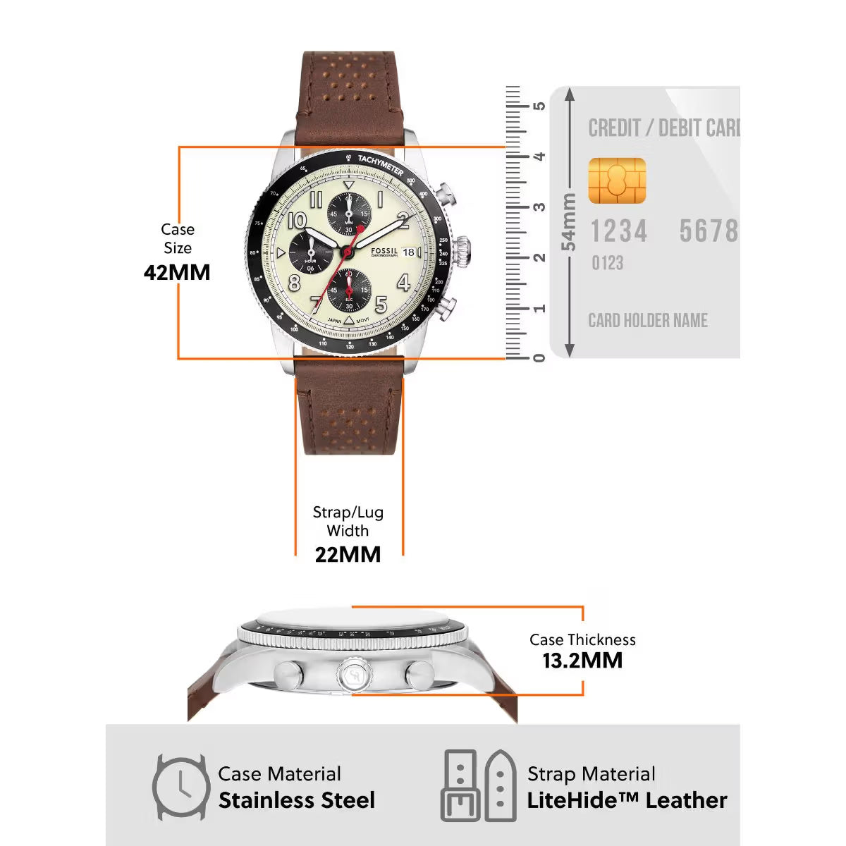 Fossil Sport Tourer Quartz Cream Dial Chronograph Leather Strap Men Watch FS6042
