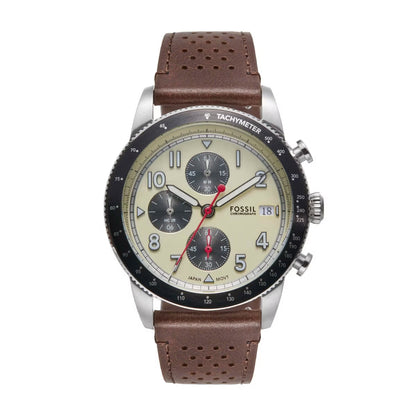 Fossil Sport Tourer Quartz Cream Dial Chronograph Leather Strap Men Watch FS6042
