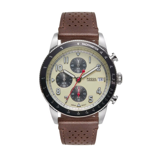 Fossil Sport Tourer Quartz Cream Dial Chronograph Leather Strap Men Watch FS6042