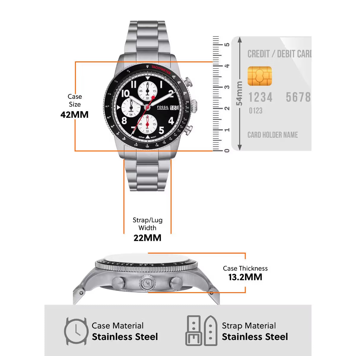Fossil Sport Tourer Quartz Black Dial Chronograph Stainless Steel Men Watch FS6045