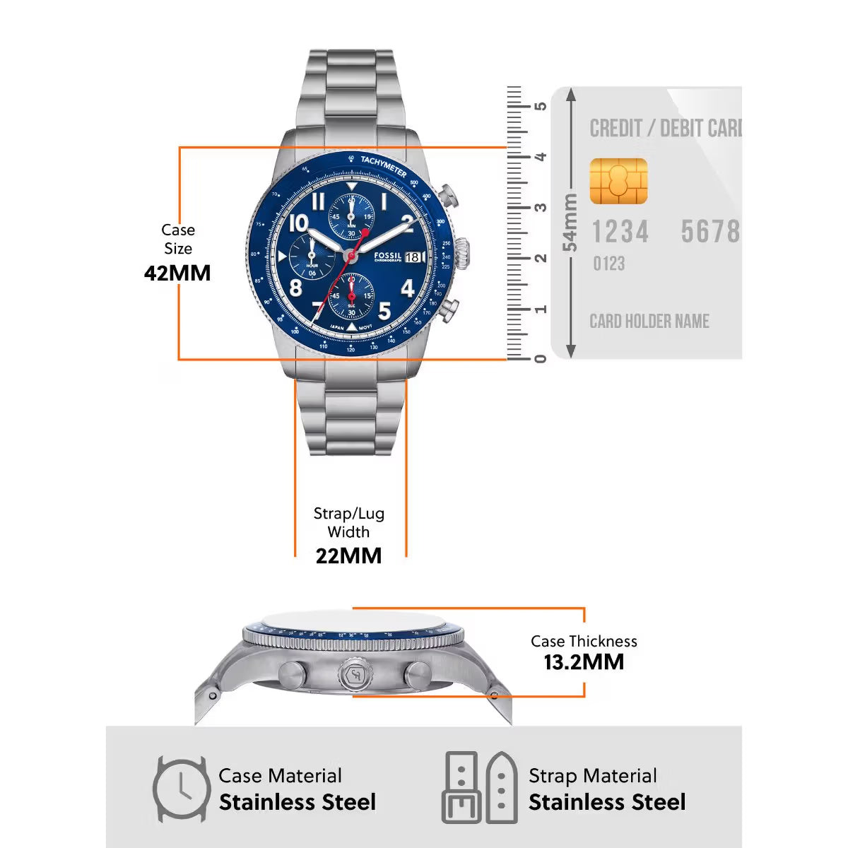 Fossil Sport Tourer Quartz Blue Dial Chronograph Stainless Steel Men Watch FS6047