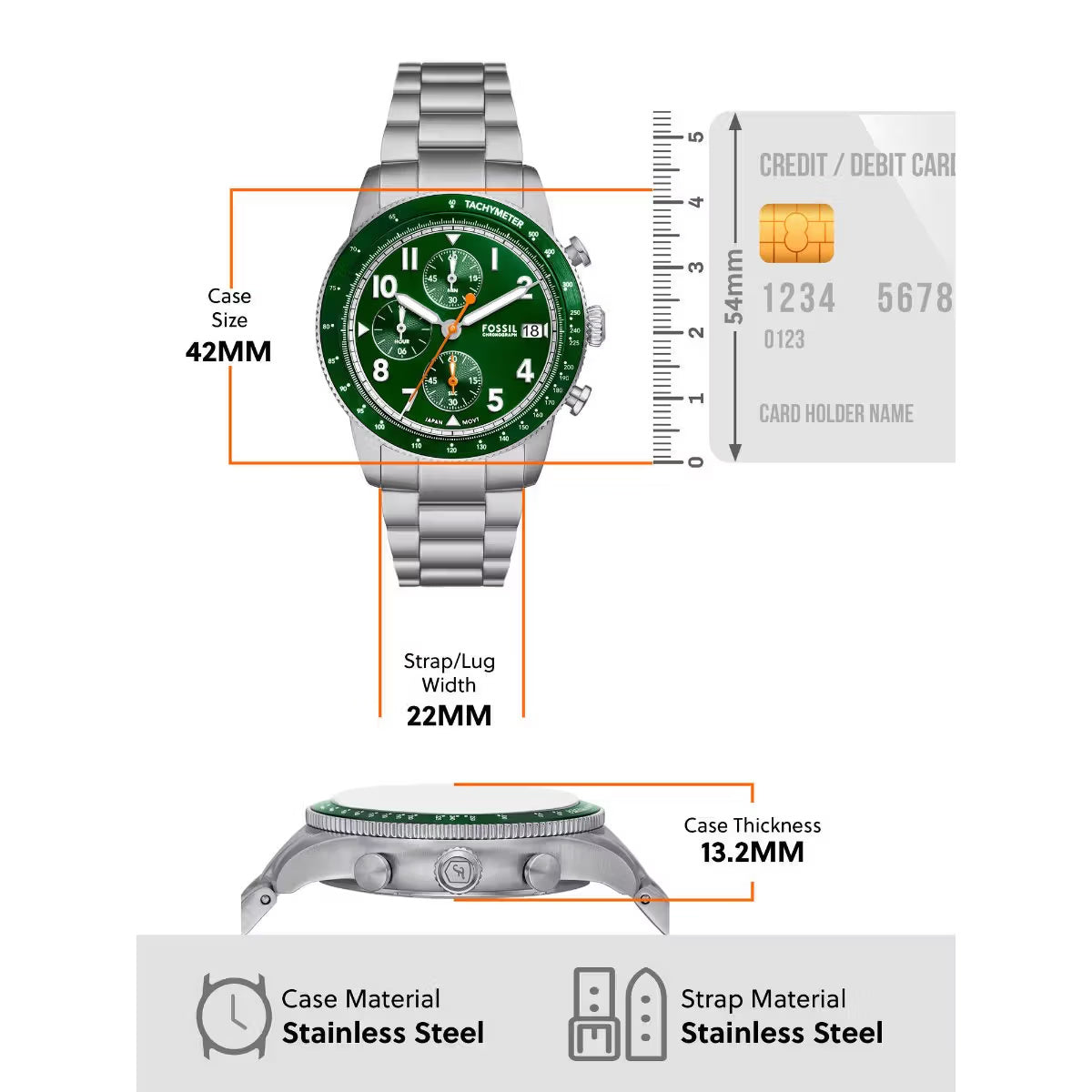 Fossil Sport Tourer Quartz Green Dial Chronograph Stainless Steel Men Watch FS6048