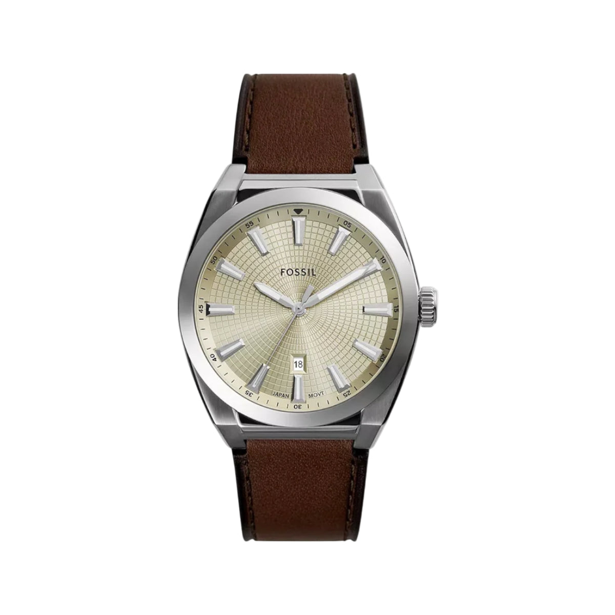 Fossil watch with brown leather strap and beige dial on a white background