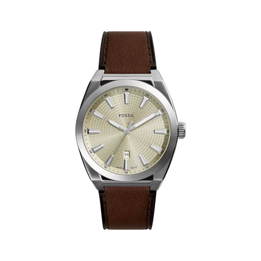 Fossil watch with brown leather strap and beige dial on a white background