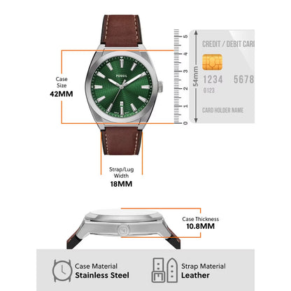 Fossil Everett Quartz Green Dial Analog Leather Strap Men Watch With Bracelet FS6080SET