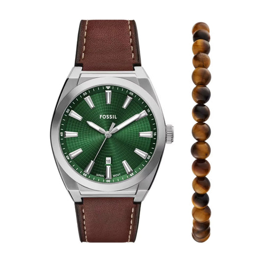 Fossil Everett Quartz Green Dial Analog Leather Strap Men Watch With Bracelet FS6080SET