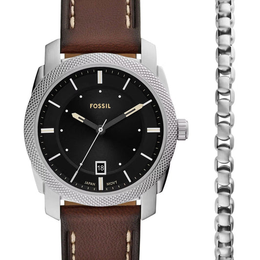 Fossil watch with brown leather strap and black dial on a white background