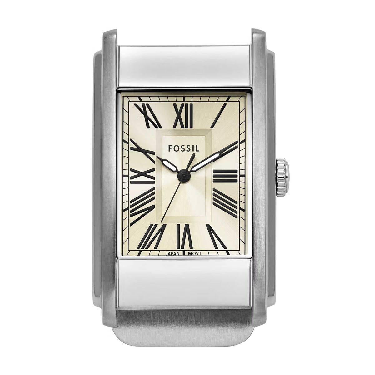 Fossil watch with rectangular face and silver case on a white background