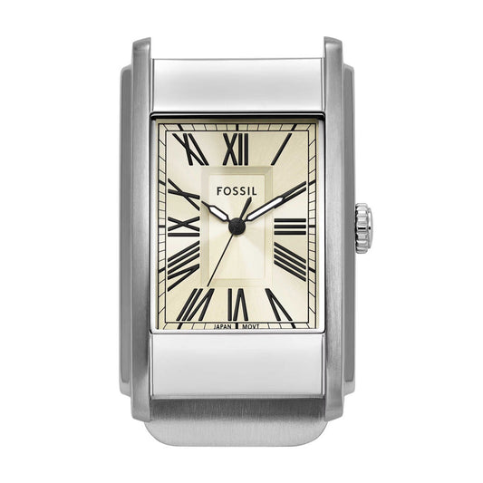 Fossil watch with rectangular face and silver case on a white background