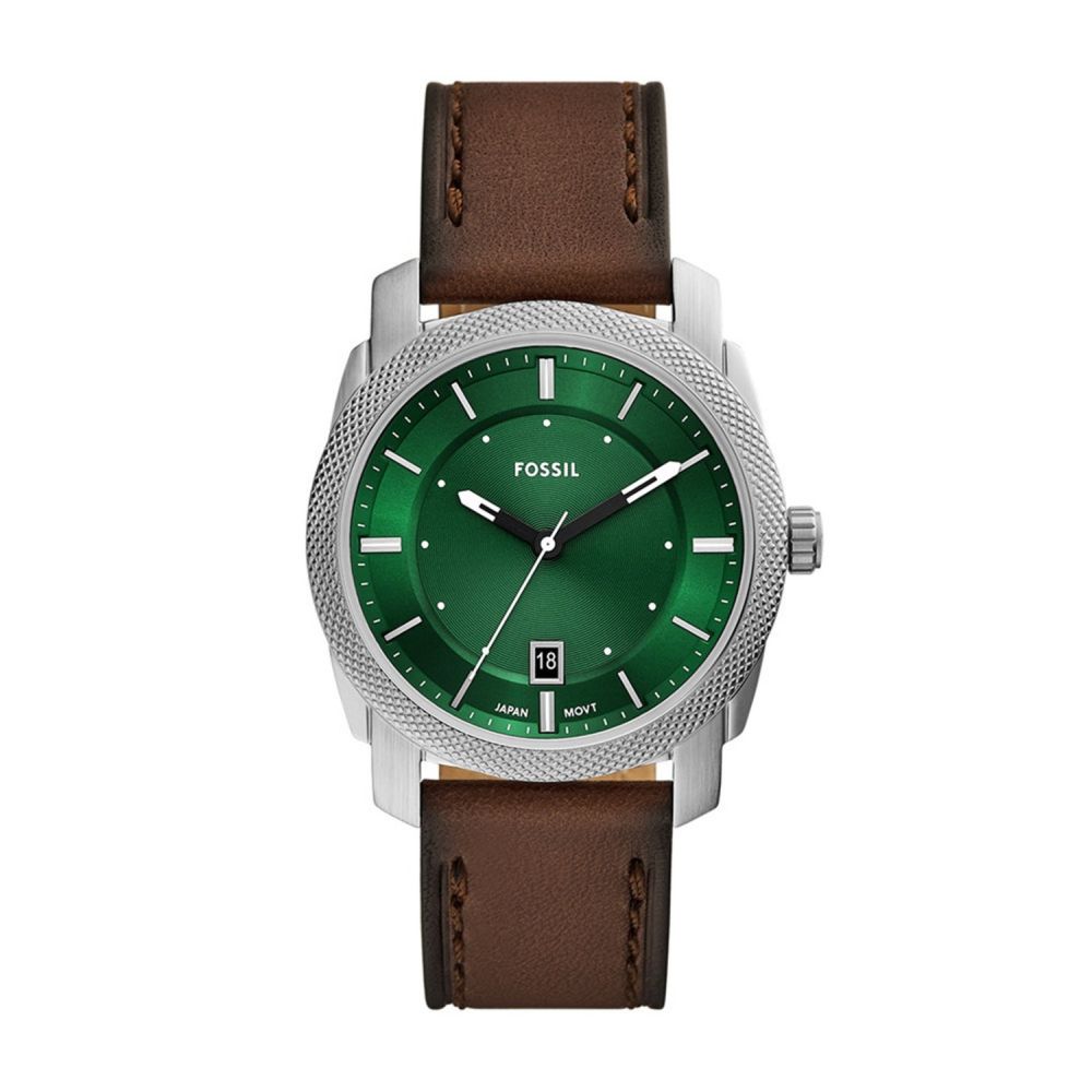 Fossil Machine Quartz Green Dial Analog Leather Strap Men Watch FS6085