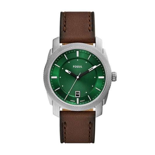Fossil Machine Quartz Green Dial Analog Leather Strap Men Watch FS6085