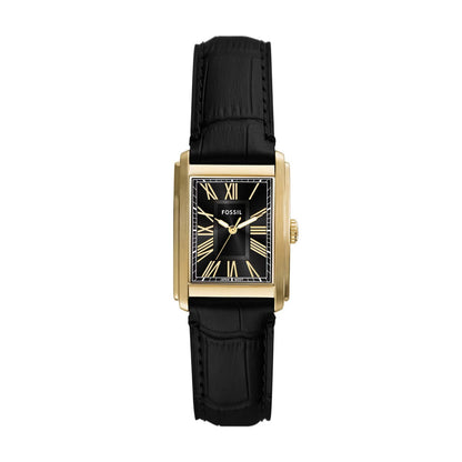 Black and gold Fossil watch with black leather strap on a white background