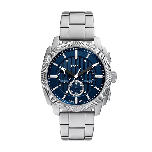 Silver Fossil watch with blue dial on a white background