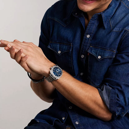 Fossil Machine Quartz Blue Dial Chronograph Stainless Steel Men Watch FS6096