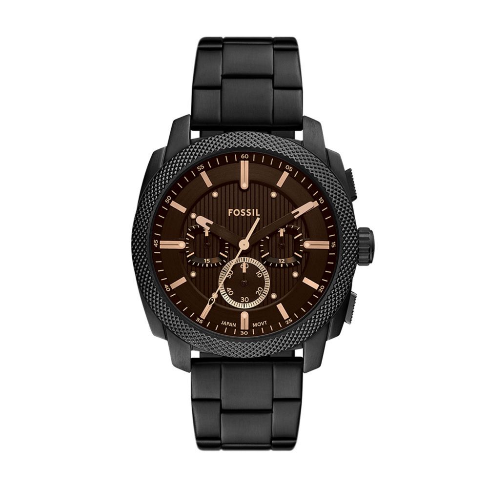 Black Fossil watch with brown dial on a white background