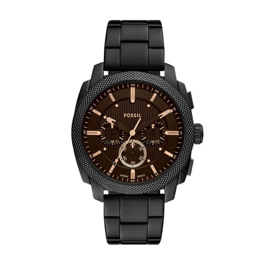 Black Fossil watch with brown dial on a white background
