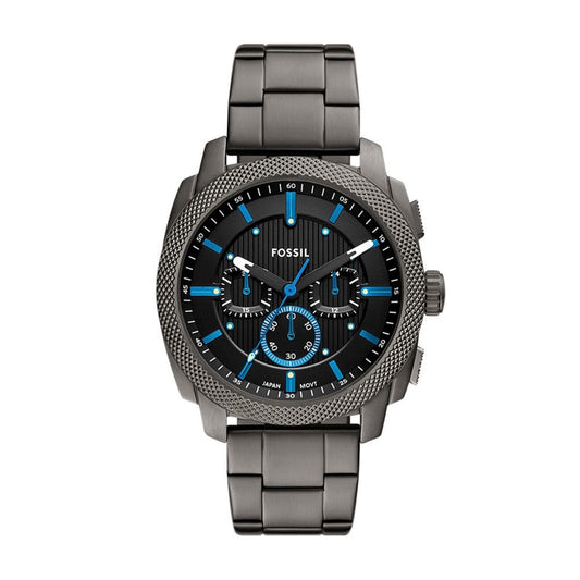 Fossil watch with black face and blue accents on a white background